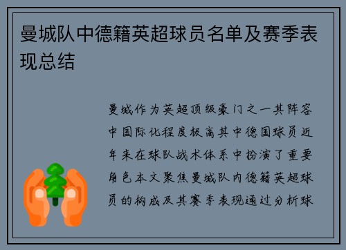 曼城队中德籍英超球员名单及赛季表现总结